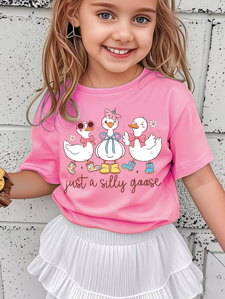 Just a Silly Little Goose Bow Print T-Shirt for Girls Summer Cartoon Graphic Short Sleeve T-Shirts Outdoor Causal Girls Clothing