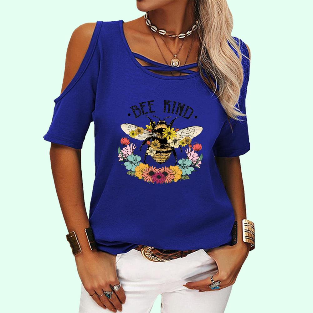 Women Fashion Round Collar Tee Shirt Summer Off Shoulder Short Sleeve Top Ladies Casual Print T-shirt