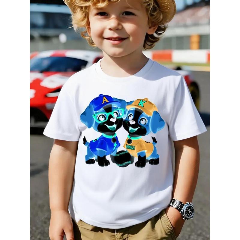 Boys Crewneck T-Shirt, Cute Baseball Team Dogs Friends Print Soft Breathable Short Sleeve Top 110