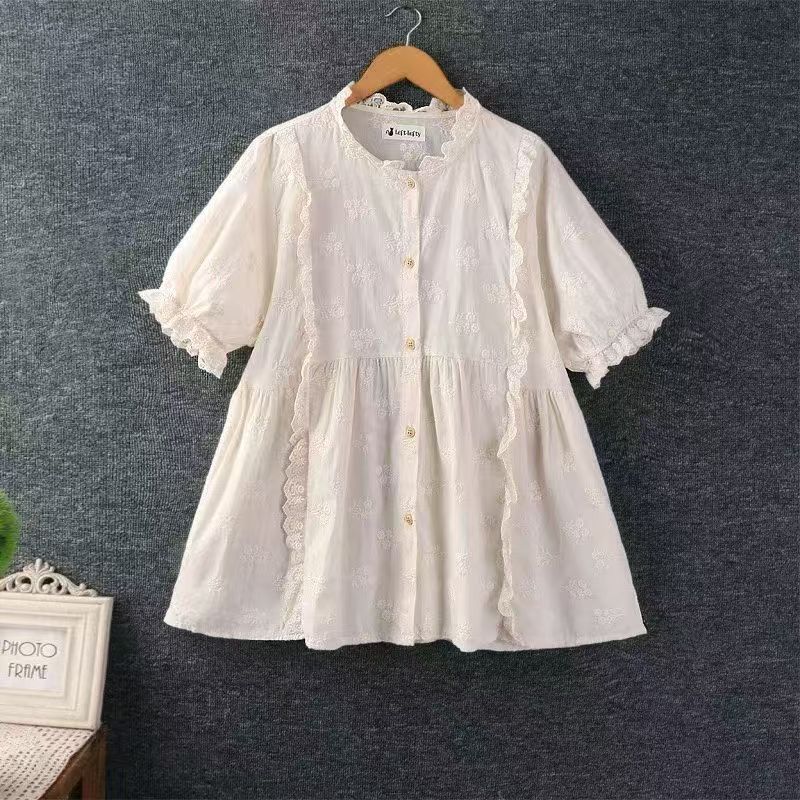 1116 Summer New Women's Crew Neck Japanese Cotton Shirt Loose Shirt Top Cardigan Literary Style Mori Niche