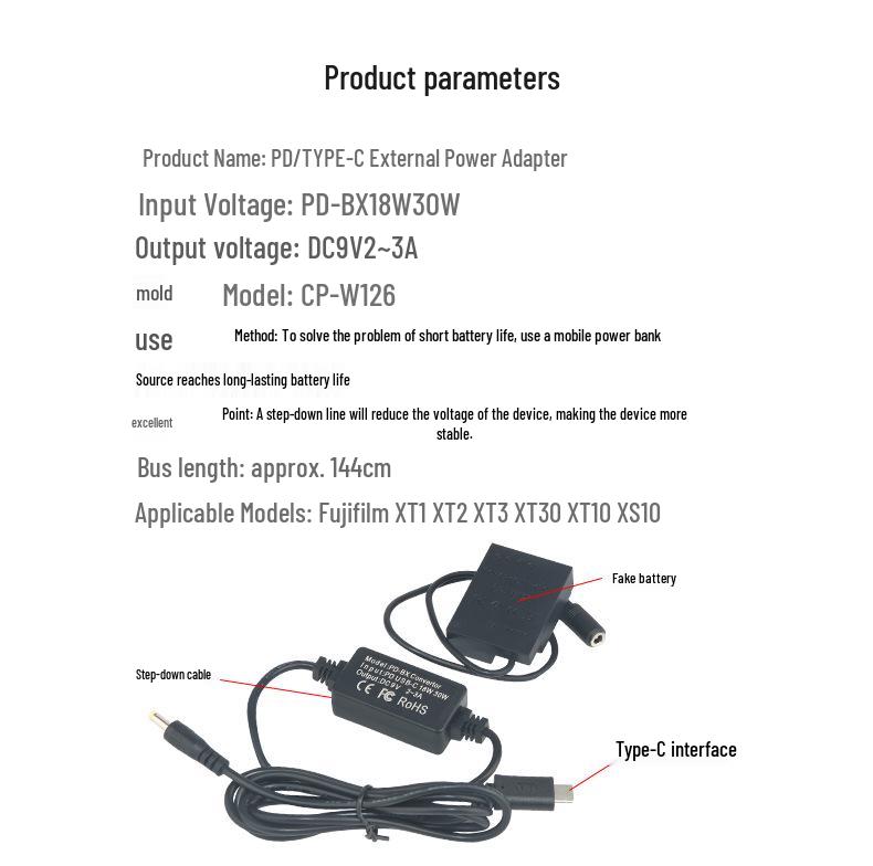 NP-W126 USB-C Adapter for Fujifilm XT1/XT2/XT3/XT30/XT10/XS10/X-PRO1