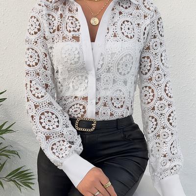 Spring Lace Blouses for Women Elegant Office White Shirt Long Sleeve Button Turn-down Collar Sexy Hollow Tops  Women's Clothing