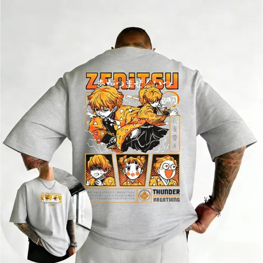 Demon Slayer Zenitsu Agatsuma Thunder Breathing Manga Dual-Sided Oversized T-Shirt Japanese Anime Harajuku Streetwear Unisex Casual White T-shirt