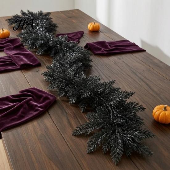 Waterproof Outdoor Halloween Props Black Garland, Spooky Artificial Cedar Vine for Mantel Fireplace, Realistic Dark Aesthetic Fireplace Mantle