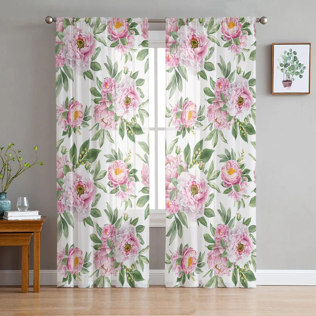 Spring Brown Background Peach Blossom Tulle Curtains for Living Room Home Decor Window Curtain Kitchen Sheer Voile Curtain