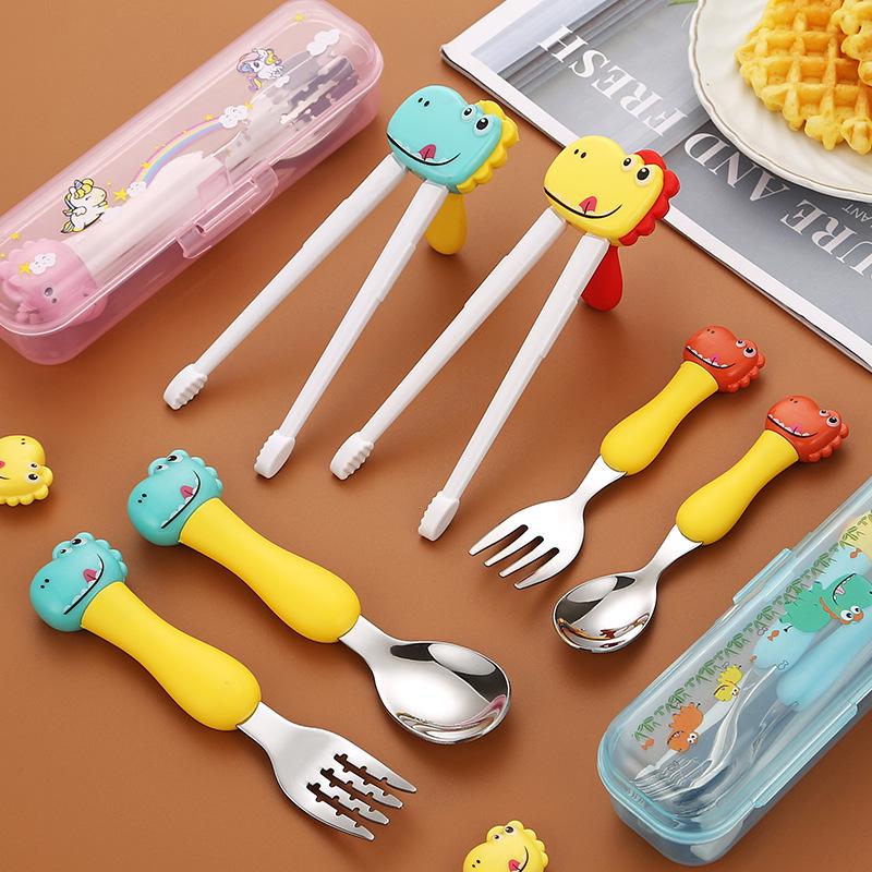 Dinosaur Baby Cutlery Set: 304 Stainless Steel Children's Spoon, Fork, & Training Chopsticks