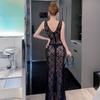 Elegant V-neck Lace See-through Evening Gown with Slimming Waist and Hip-hugging Fit