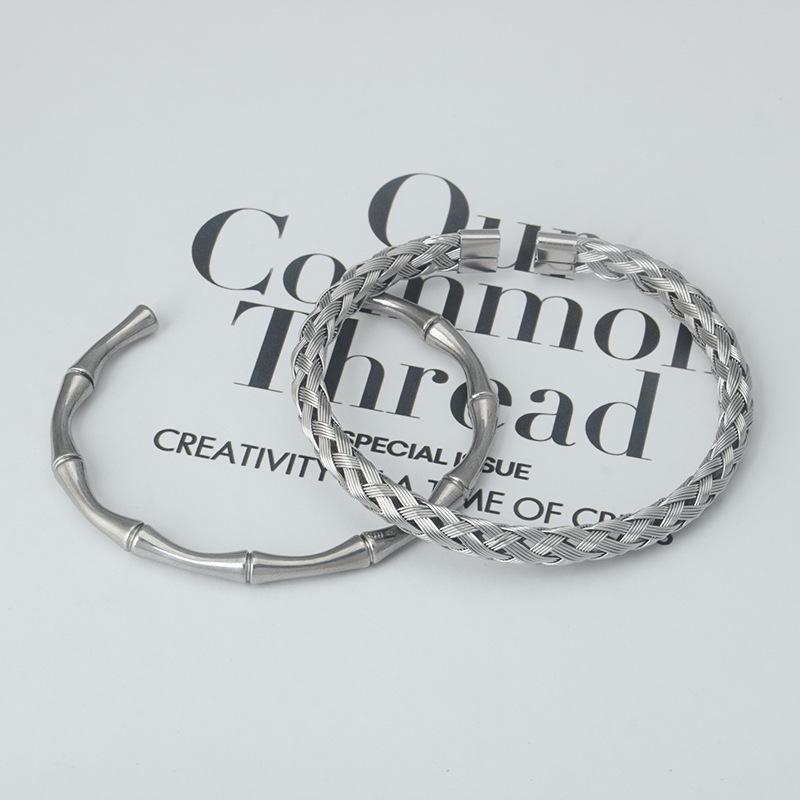 

Stainless Steel Bamboo Weave Titanium Bangle - Silver Open Design