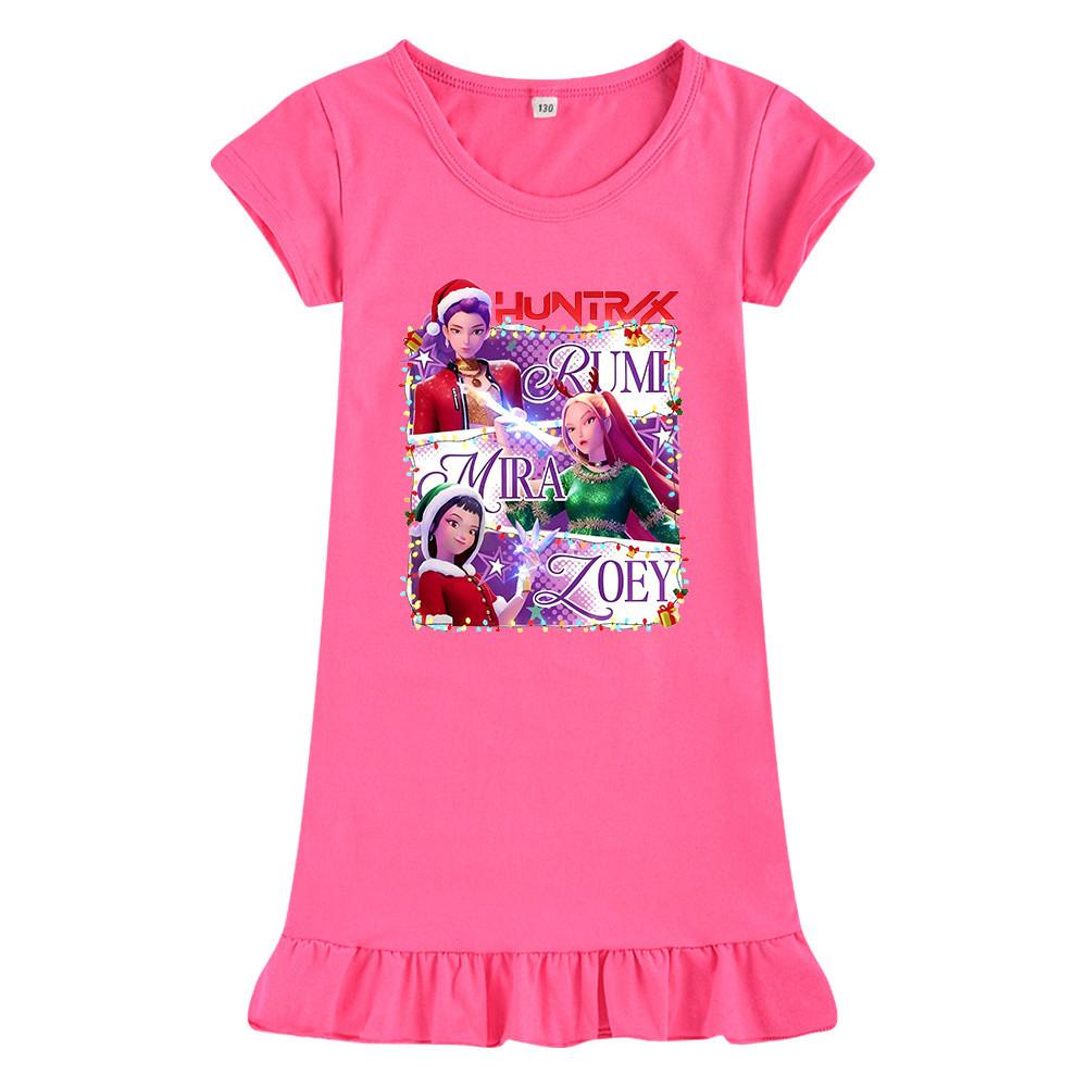 M1265 Kids Girls Christmas New Year Kpop Rumi Zoey Mira Print Short Sleeves Ruffle Dress