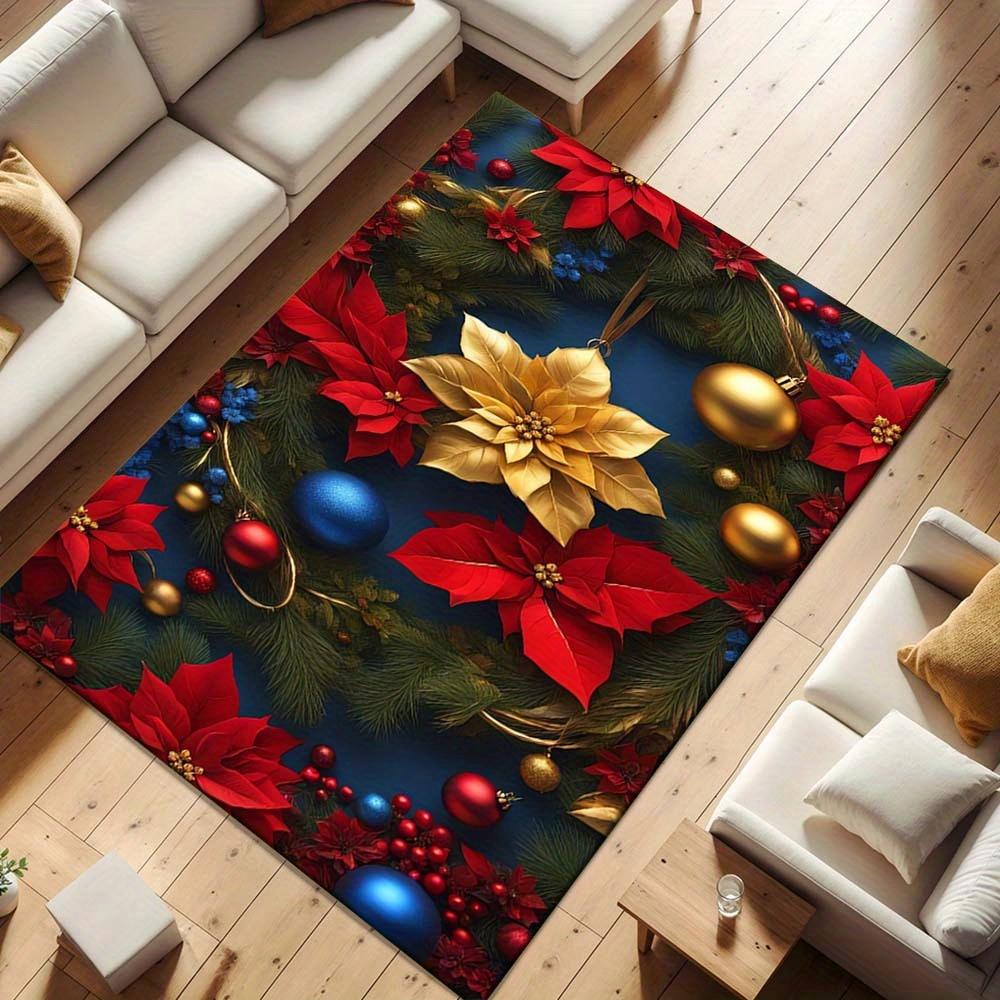 1pc Christmas Flower Poinsettia Area Rug, Slip-Resistant, Easy-Clean, Stain-Resistant, Perfect for Cozy Living Rooms, Bedrooms, Kitchens, Of