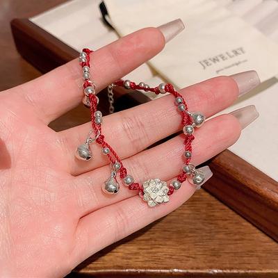 Handgewebtes Lotusglocken-Rotseil-Armband, ethnischer Stil für Frauen, Nischen-Paar-Handseil, festlicher Schmuck