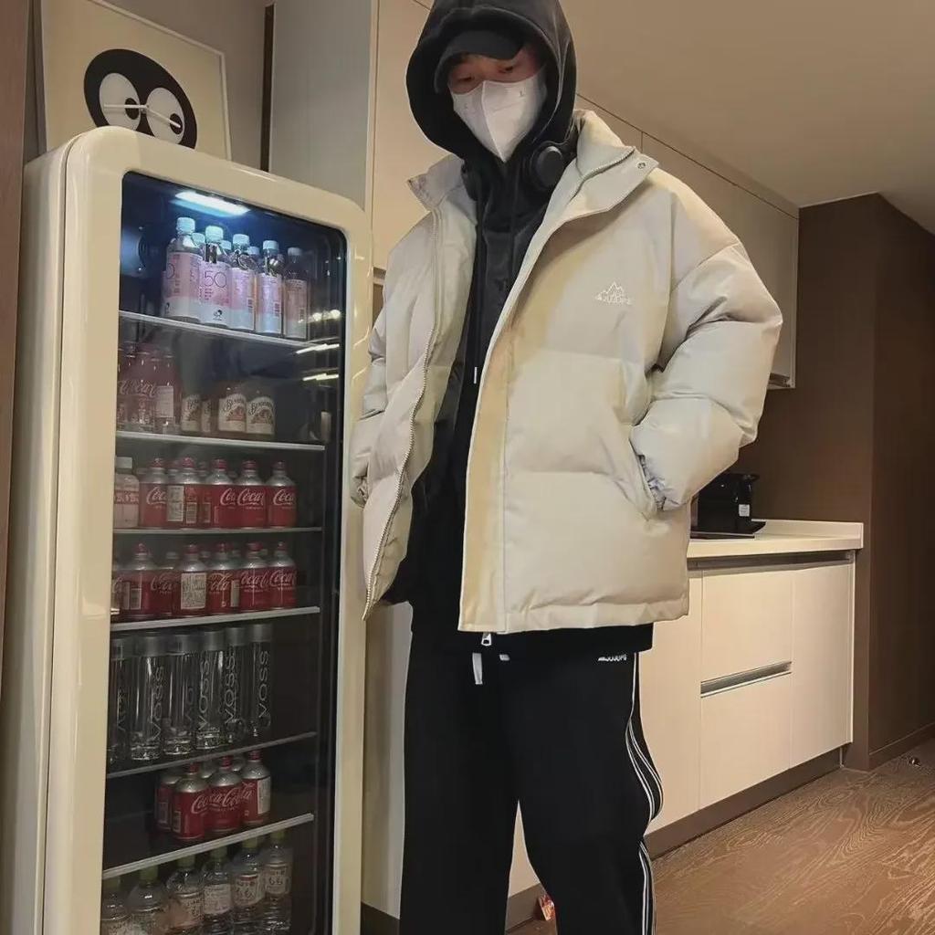 Men's Winter Black Embroidered Cotton Jacket: Thick, Soft, Stand-Up Collar, Loose-Fit.