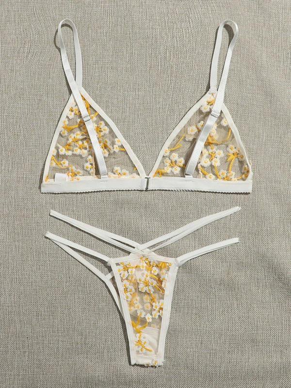 European & American Women's Sexy Lingerie: Printed Sheer Three-Piece Set