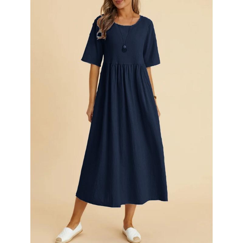 EastRogue Women's Fashion Summer Spring Solid Color Print 1/2 Sleeves O-Neck High Waist Casual Dresses