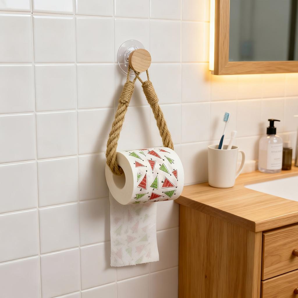 No-Drill Wooden Adhesive Hooks with Jute Rope and Towel Holder for Bathroom