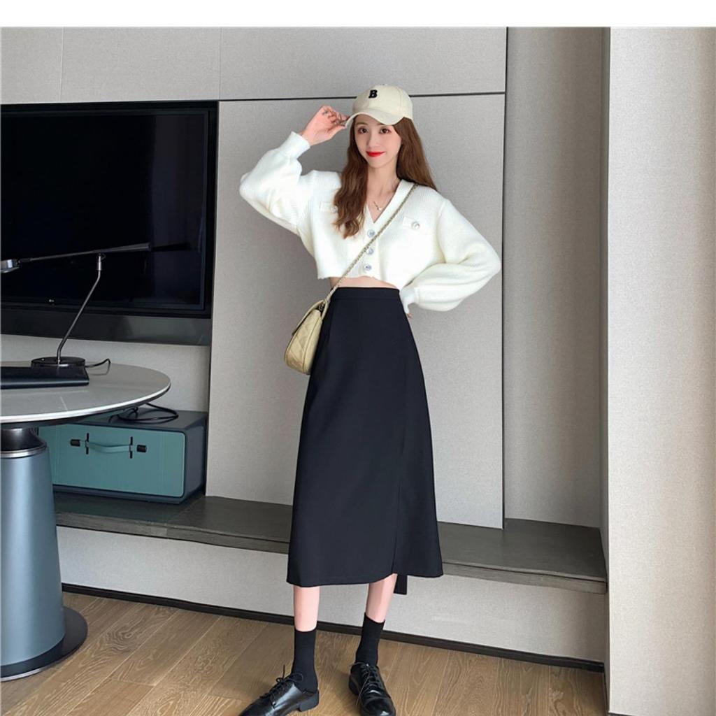 Women's High-Waist Black A-Line Midi Skirt - Spring 2025 French Design with Slit