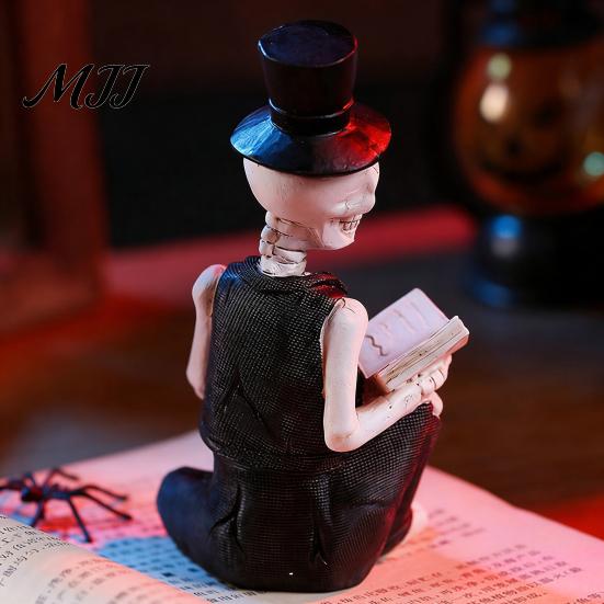 Schädel Sammlerstatue Kleiner Lese-Gentleman Figur Halloween Sitzendes Skelett mit Zylinder Retro Dekoration Hut und Anzug für Gothic Wohnen