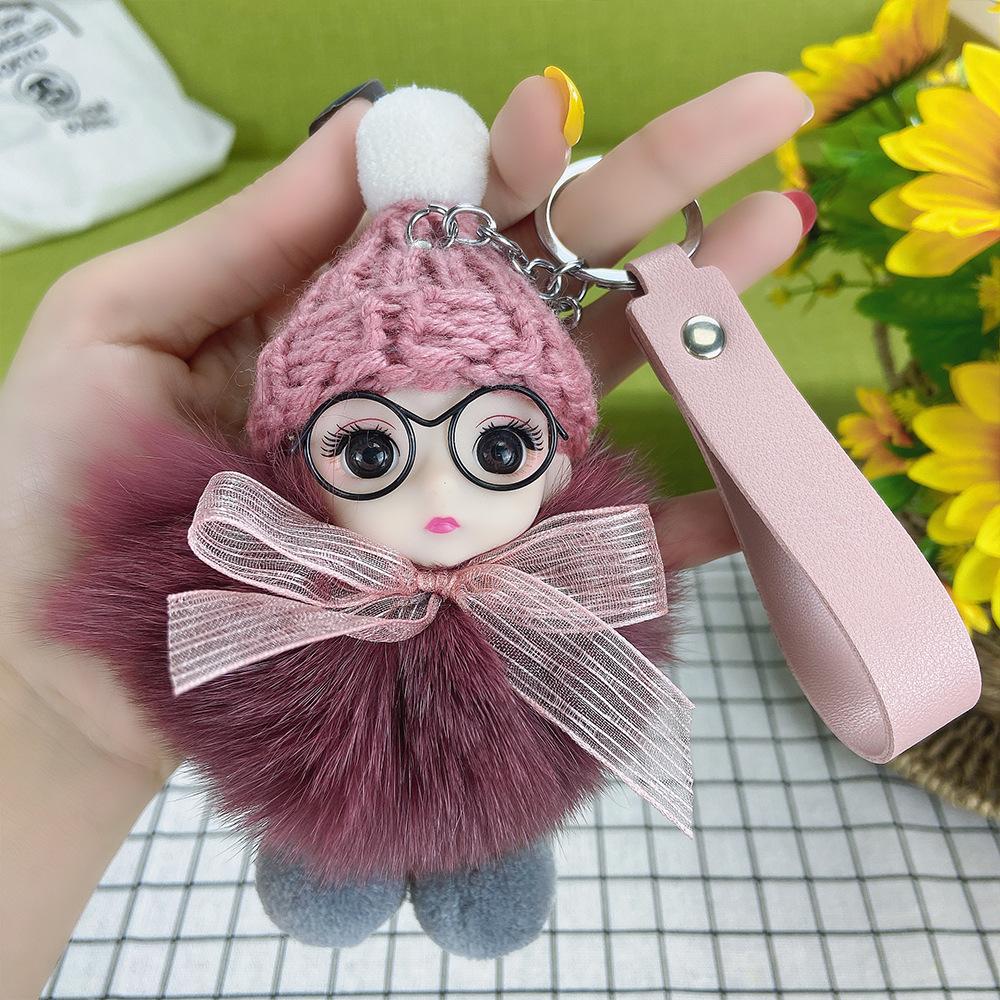 Pompom Sleeping Doll Keychain Cute Fluffy Plush Doll Keychains Women Girl Bags Keyrings Cars Key Ring Gift Charming Decoration