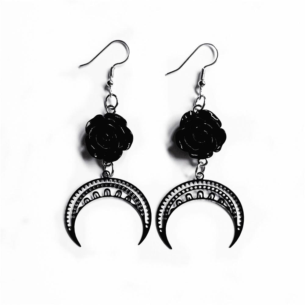 Gothic Black Roses and Cross Pendant Earrings Jewelry