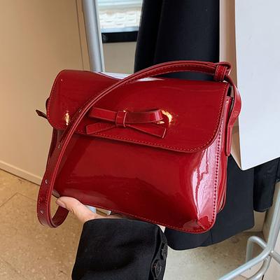 Patent Leather Red Crossbody Bags For Women New Fashion Solid Bow Small Square Bag Simple Commuter One Shoulder Purses