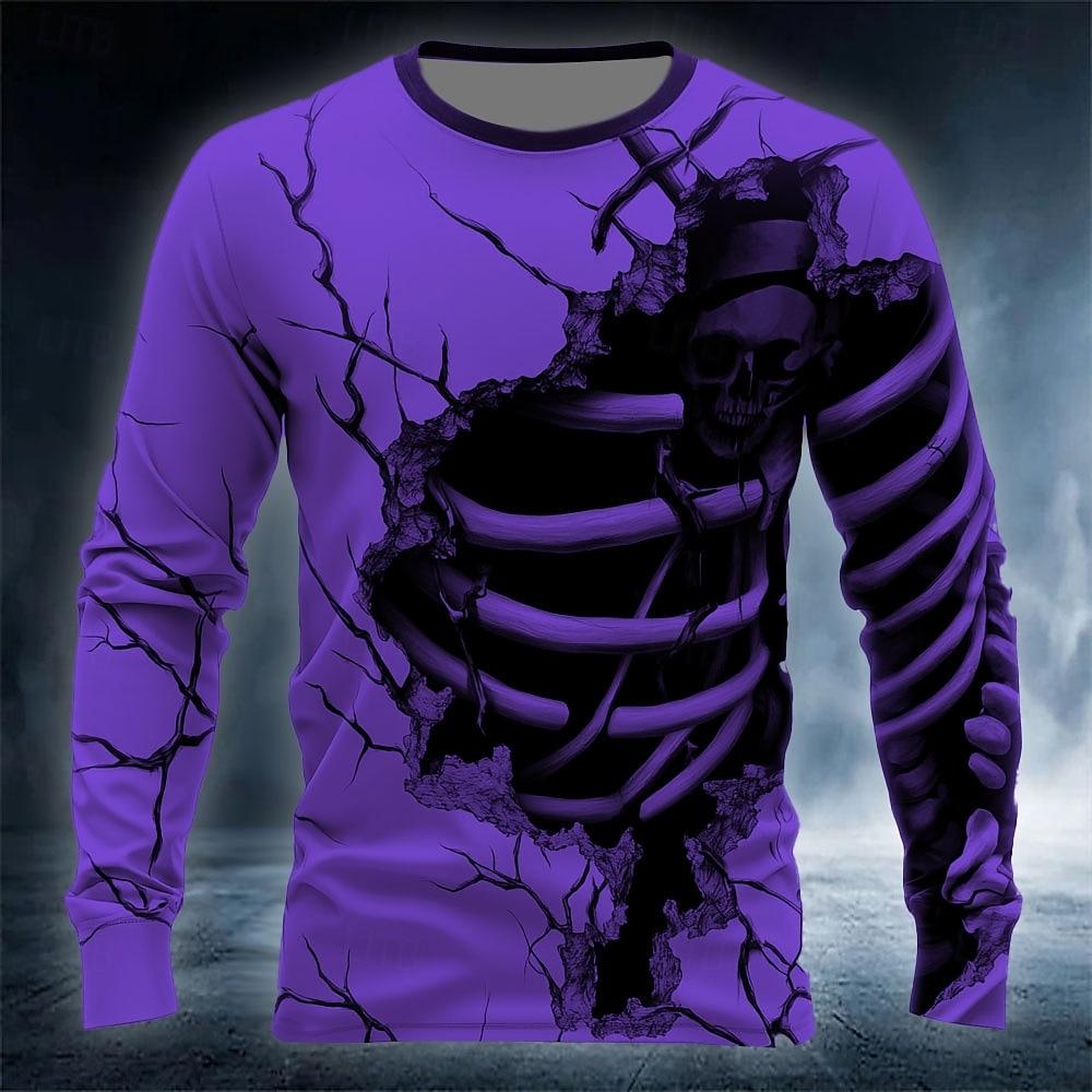 Halloween Skeleton Printed Long Sleeve T-Shirts for Men Gothic Trendy Streetwear Casual Tops Halloween Theme T-shirts Fall Winter
