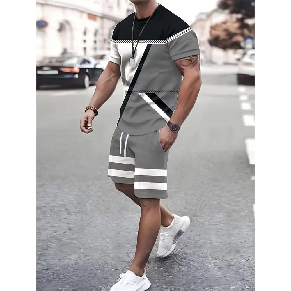 New Casual 3D Digital Printed Short Sleeved Shorts Comfortable Set for Men, 2-piece Set, Fashionable, Lightweight, Breathable