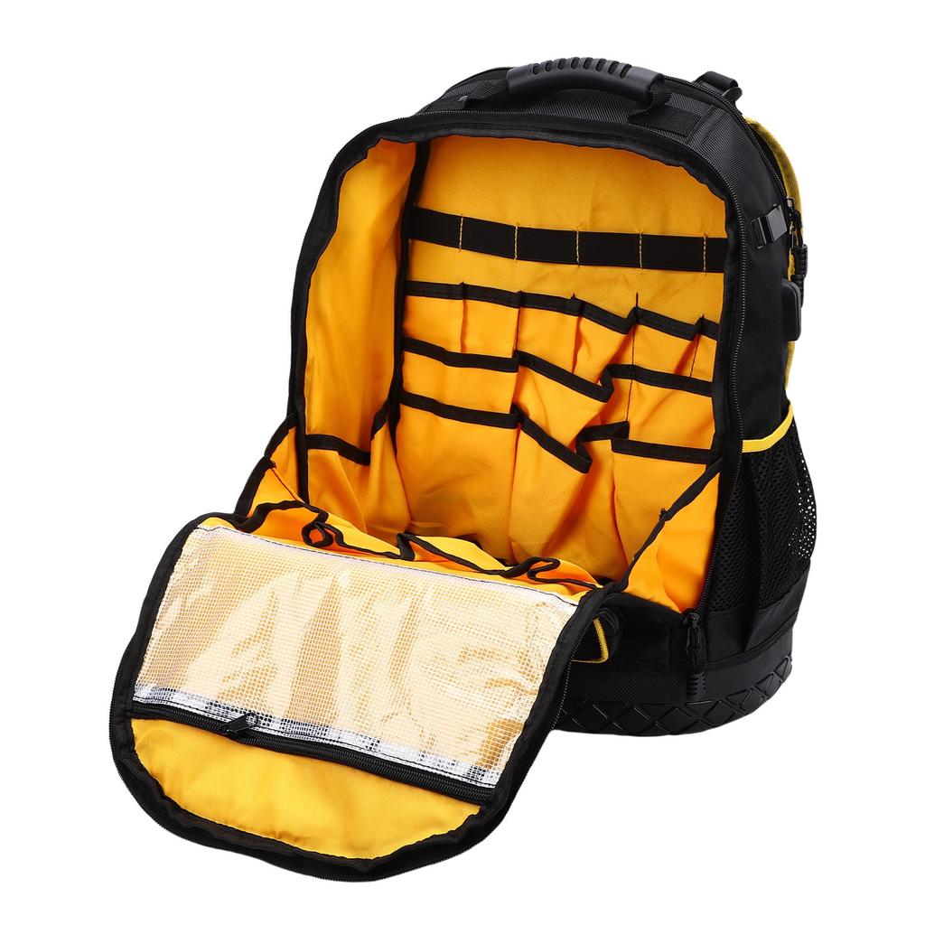 Werkzeugrucksack Mehrere Taschen Gepolstertes Laptopfach Oxford-Gewebe Harter Boden Werkzeugtasche mit Beutel Typ-C-Kabel