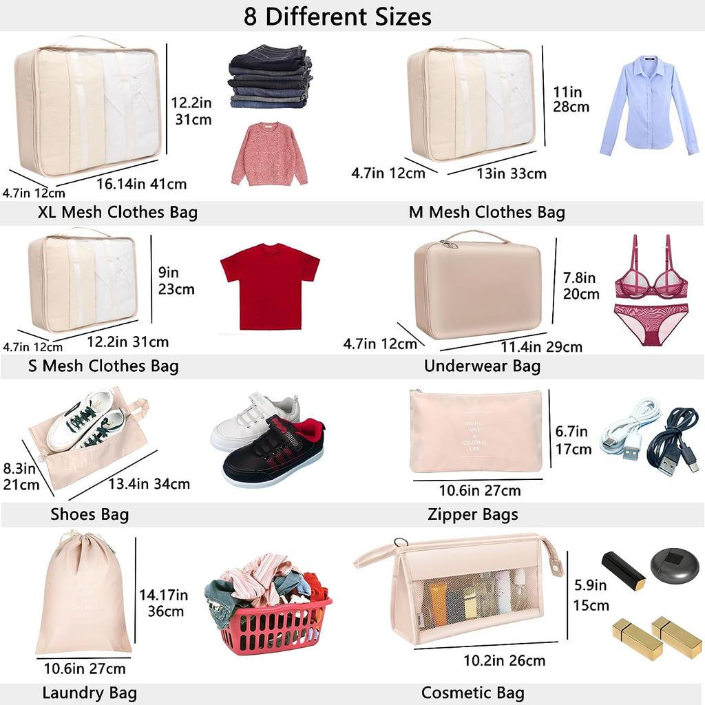 7pcs Cubes for Suitcases,Packing Cubes with Shoe Cosmetics Clothing Accessories Bags Packing Cubes for Travel Luggage Organizer