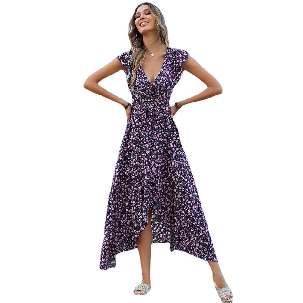 Summer Woman's Dress Bohemian V-neck Straps Large Hem Dress Vacation Dress