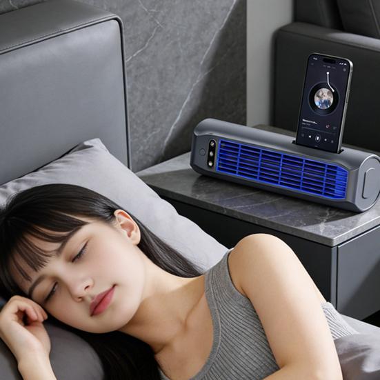 Ventilador de Ar Condicionado Portátil com Suporte para Telefone Embutido, Ventilador Vertical Plano de Parede com 3 Modos, Carregamento USB, Dispositivo de Resfriamento Silencioso Sem Lâminas para