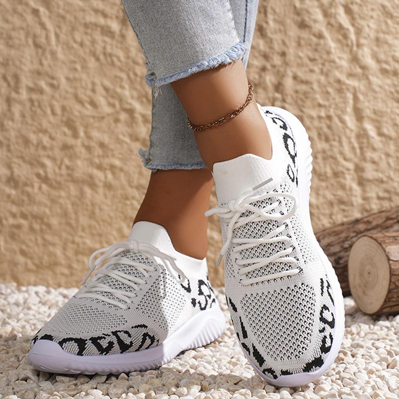 White Leopard Knitted Sneakers Women Autumn 2025 Slip On Plus Size Flats Woman Comfortable Breathable Mesh Casual Walking Shoes