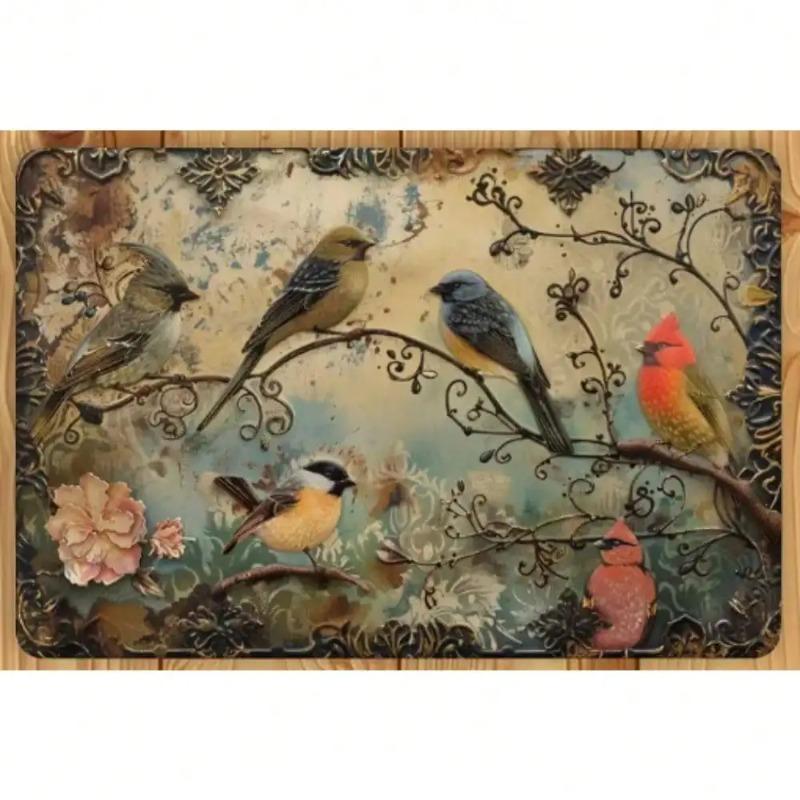 Art Mural Métallique d'Oiseau Gaufré 3D Vintage Panneau Décoratif de Jardin Floral de Ferme Rustique