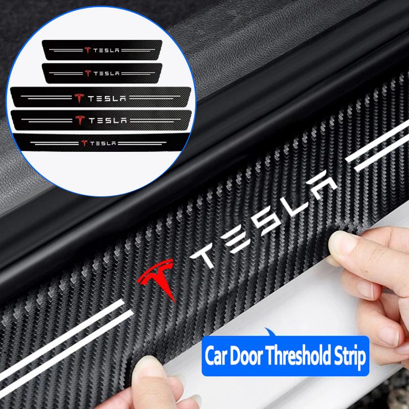 DSSCH1 1/4/5Pcs Carbon Fiber Car Door Sill Protector Stickers Auto Accessories For Tesla Model Cybertruck Juguete Roadster Coil Bonina