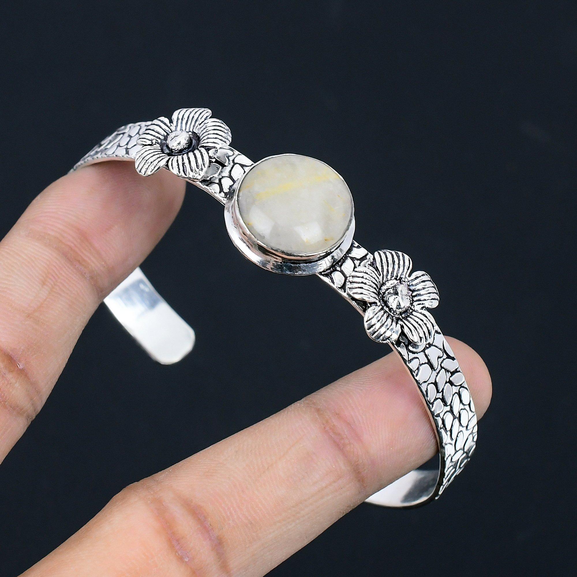 

Halloween Deal 925 Silver Round Natural Golden Rutile Flower New Bangle Bracelet Adjustable