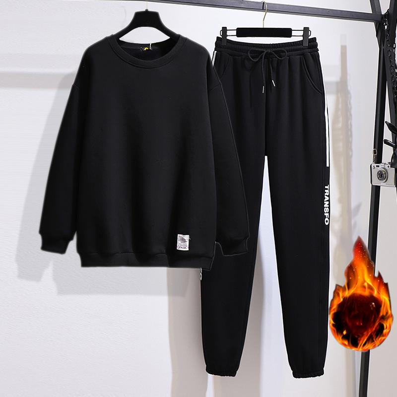 

Женский флисовый толстый свитшот больших размеров с повседневными брюками, новый осенний костюм 6XL чёрный