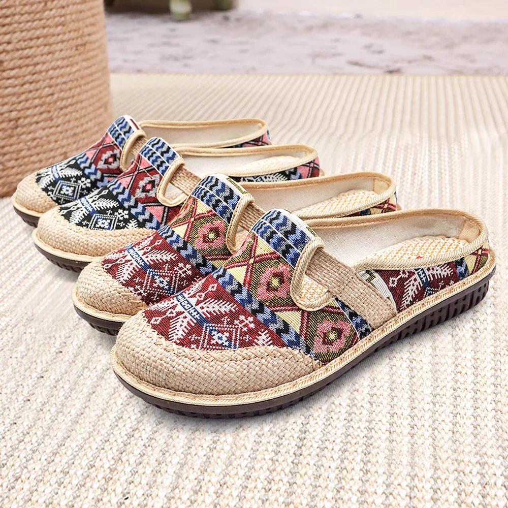 2024 Fashion Women's Shoes Bohemia Style Embroidered Linen Breathable Outdoor Casual Slippers Shoes For Women Zapatos De Mujer