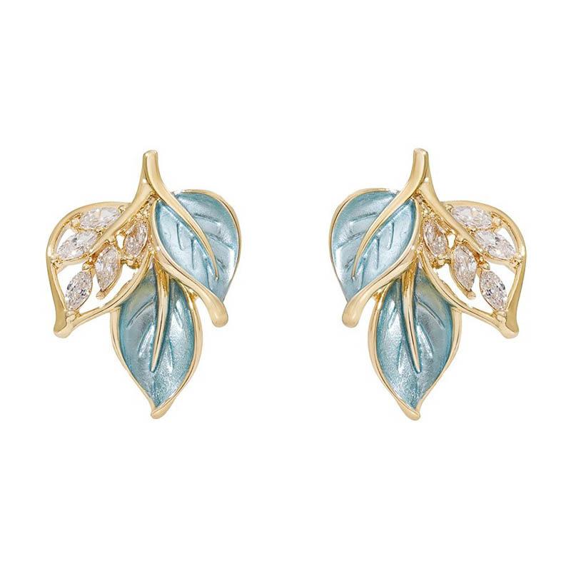 Simple Oil Dripping Rhinestones Leaf Stud Earrings For Women Fashion Personalized Daily Accessory Party Jewelry Birthday Gifts
