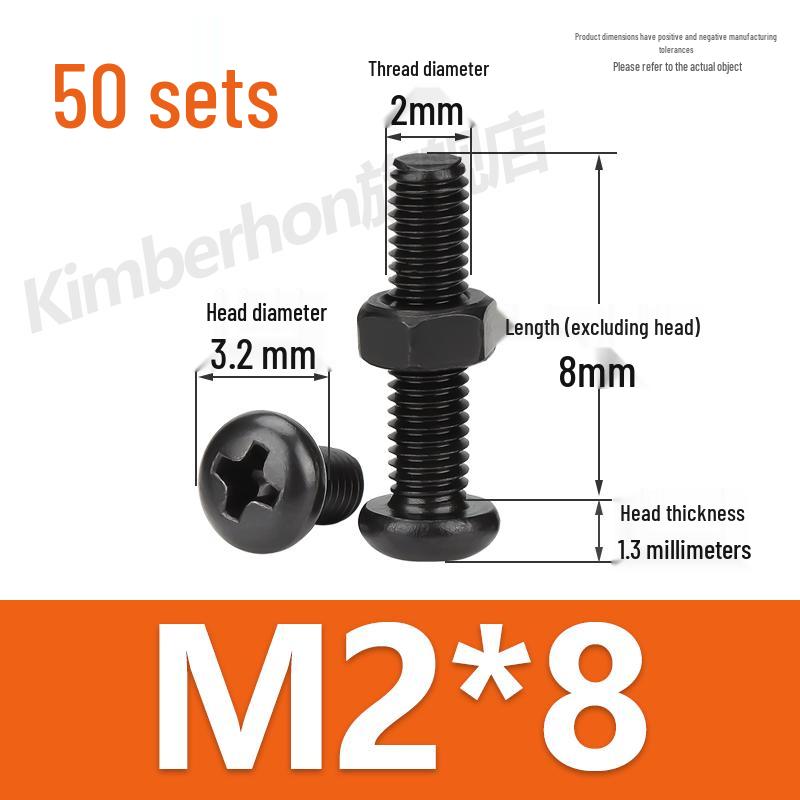 Complete Set of Black 304 Stainless Steel Phillips Round Head Screws and Nuts - M2M3M4M5M6MM.