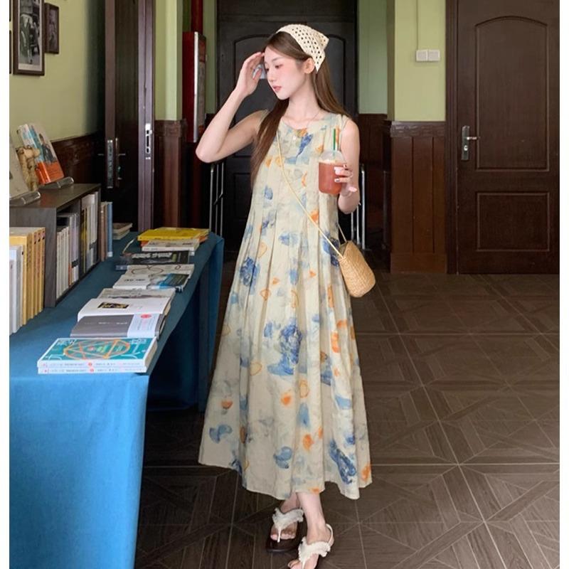 Ink painting vest dress niche design sense spring and summer new retro literary temperament new national style long dress
