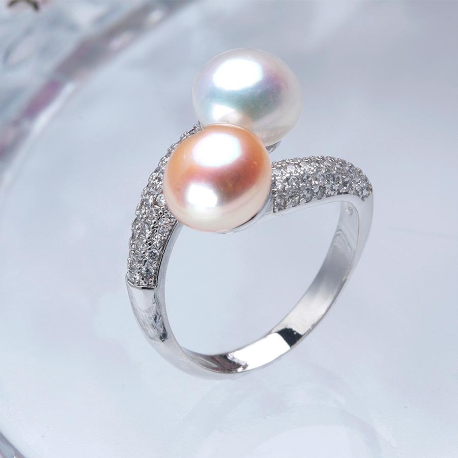 New Double Pearl Adjustable Natural Freshwater Pearl Original 925 Silver Zircon Women's Ring Fine Bridal Jewelry