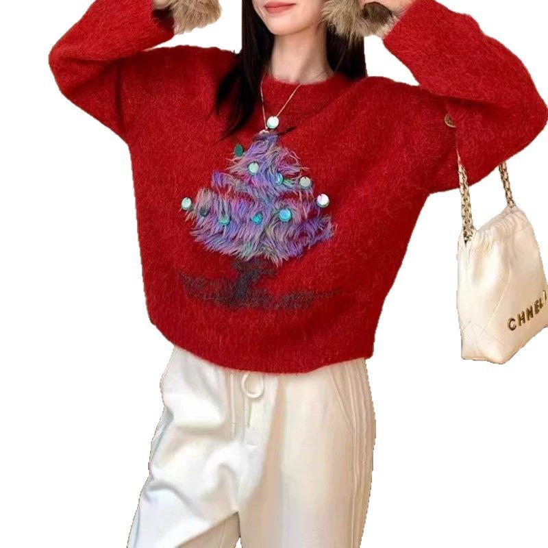 Festive Sequin Christmas Tree Knit Sweater - Women's Thick Round Neck Pullover for Autumn/Winter