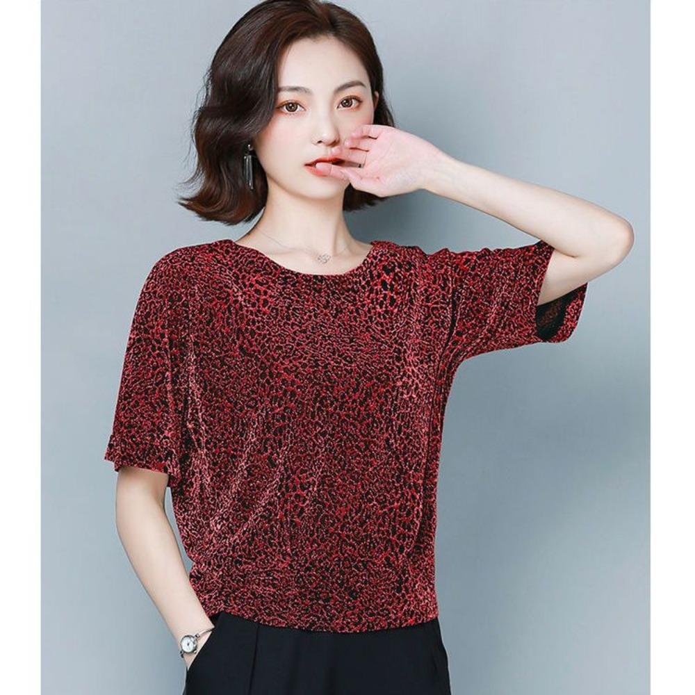 Mom Wears Bright Silk Short-sleeved T-shirt  Women with Large Size Loose Versatile Fashionable Temperament Base Shirt