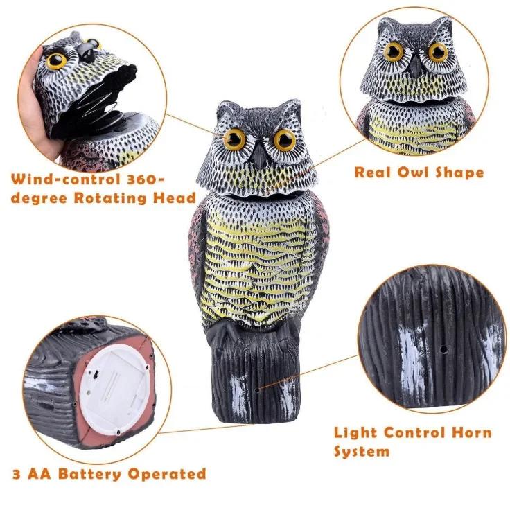 Fake Owl Decoy Plastic Owl Scarecrow Sculpture with Rotating Head and Sound for Garden Yard Bird Repellent Outdoor