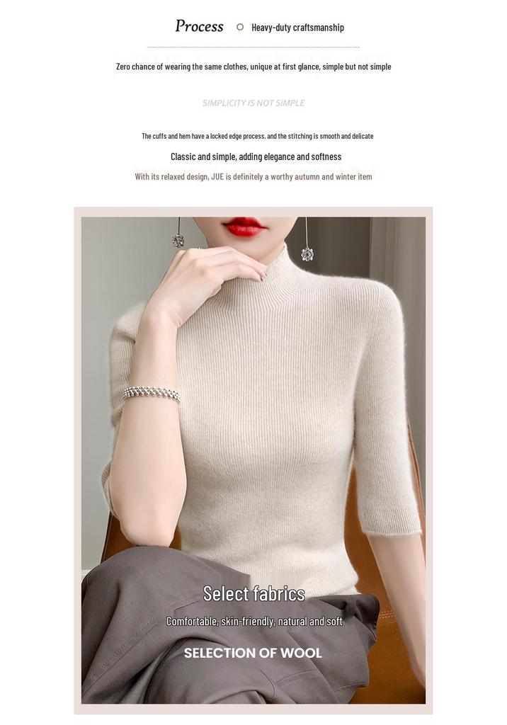 Women's Slim Fit Half-High Neck Five-Sleeve Base Layer Sweater for Spring and Autumn