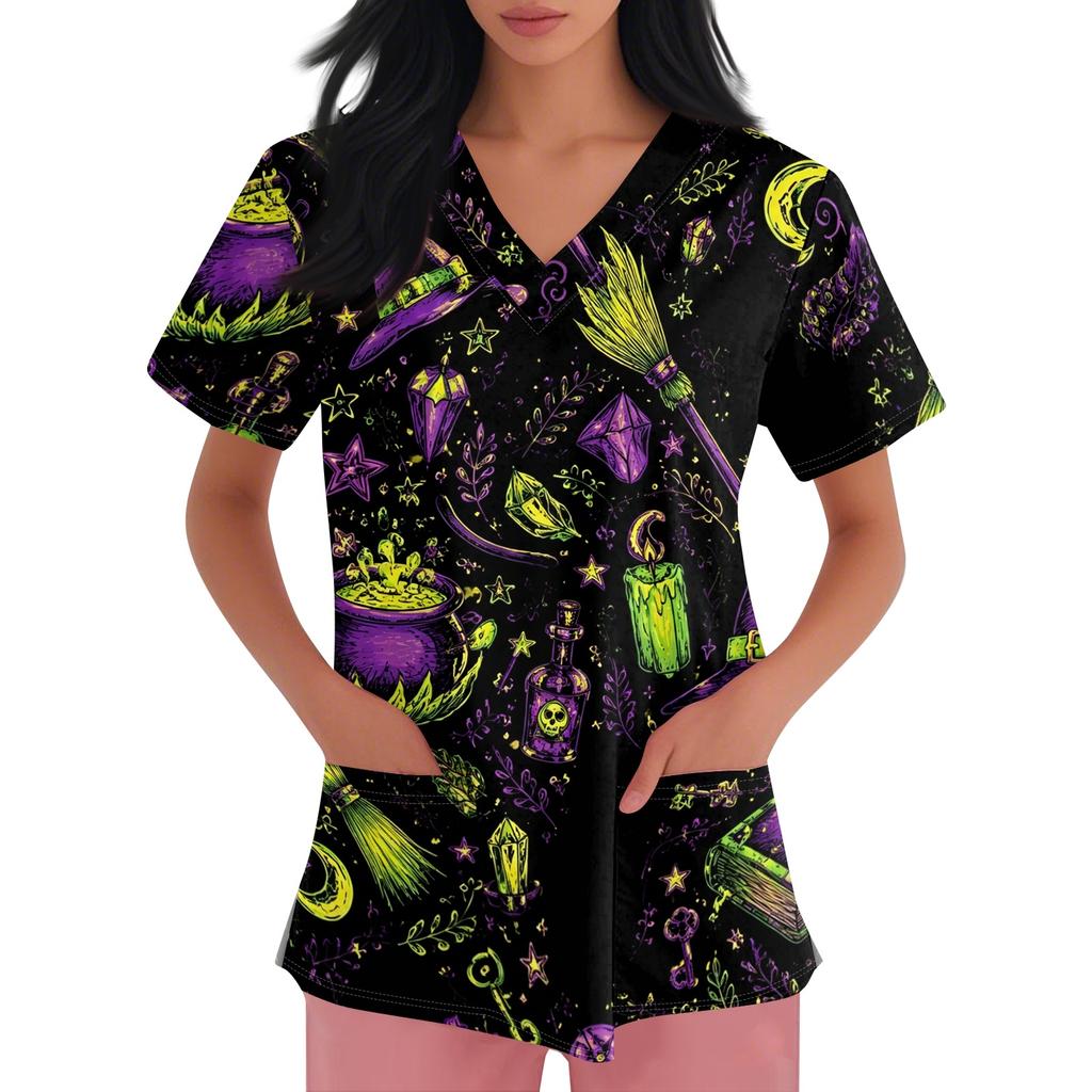 Women Short Sleeve Halloween Print V Neck Pocket Medical Scrub Top Nurse Uniform Shirt Comfortable Fit Durable Fabric