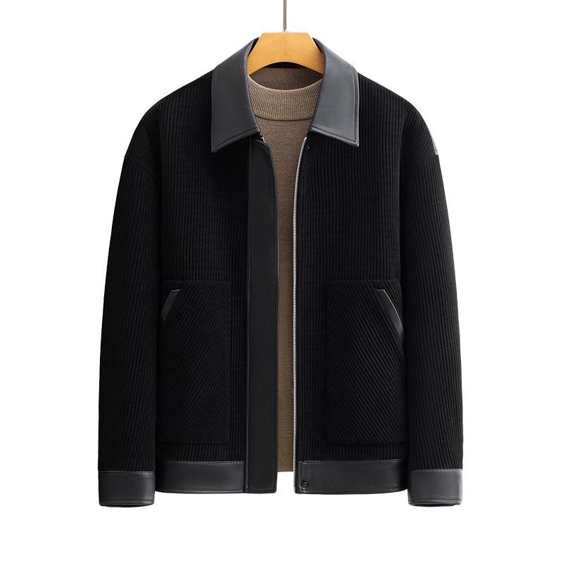 New jacket jacket men's spliced leather spring and autumn corduroy jacket lapel jacket top