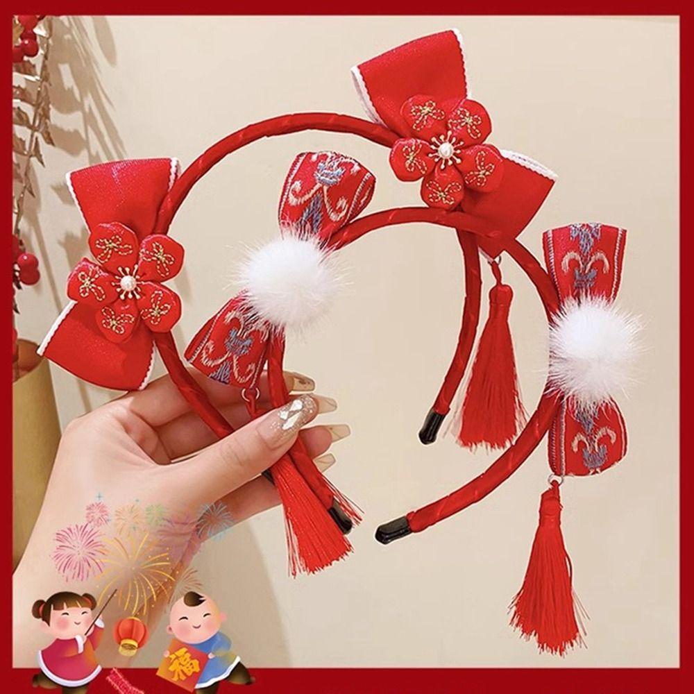Tassel Red Bow Headband Flower Chinese Style Headdress Cute New Year Hair Band  Party Decoration
