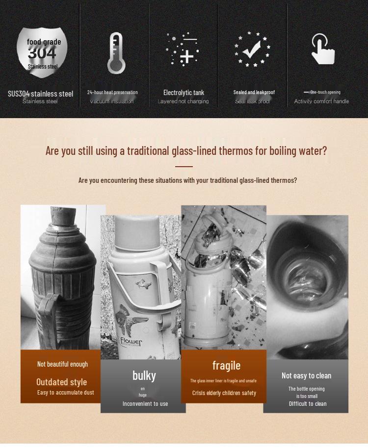 304 Stainless Steel Insulated Teapot Thermos Flask, Large Capacity 24-Hour Hot Water Bottle