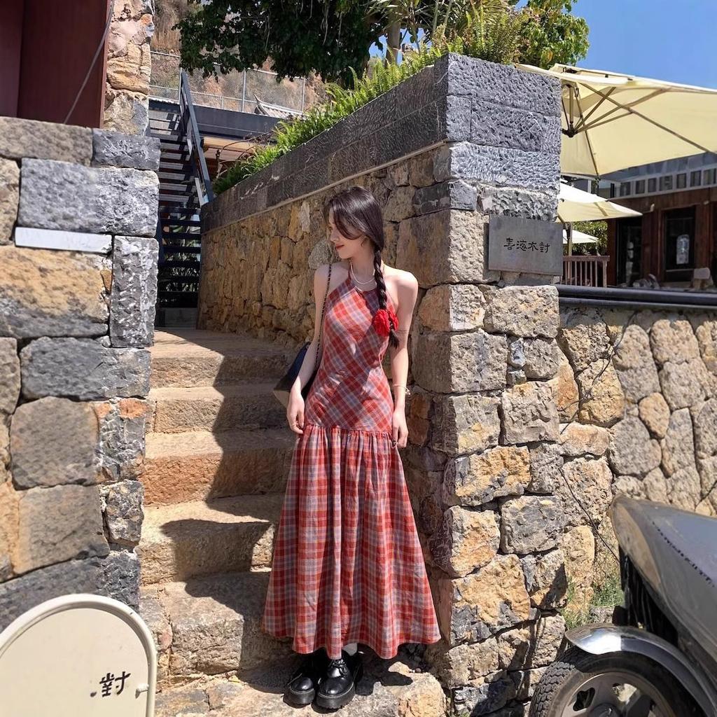 Holiday Style Dress Summer French Dopamine Sweet Plaid Halter Sling Long Skirt Niche Waist and Thin