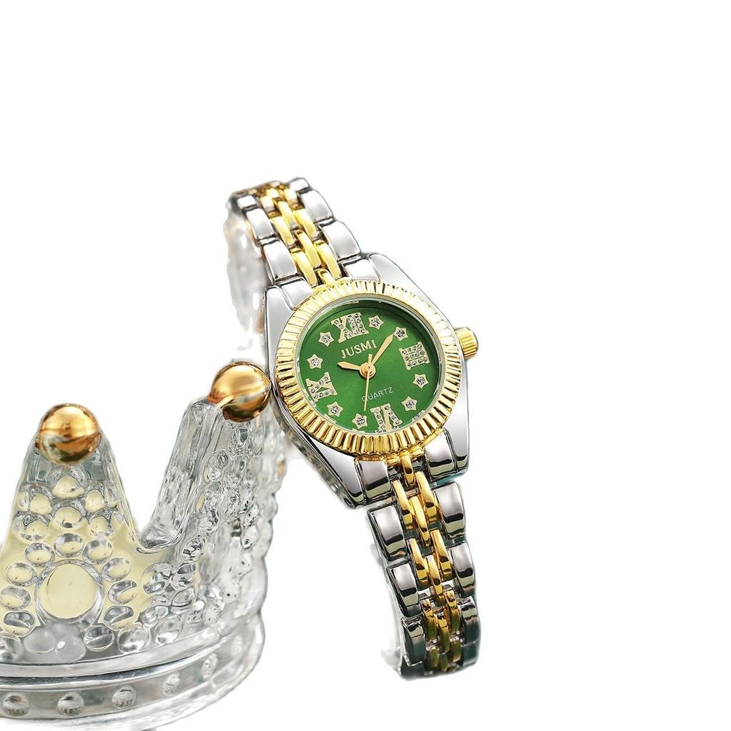 Ladies' New Round Large Dial Steel Strap Quartz Watch Fashion Emerald Hand Chain Necklace Ring Earrings Temperament Versatile Ho